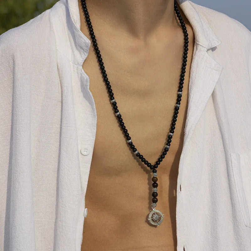 Men's Black Beaded Compass Necklace – Tiger Eye Pendant with Vintage Explorer Style