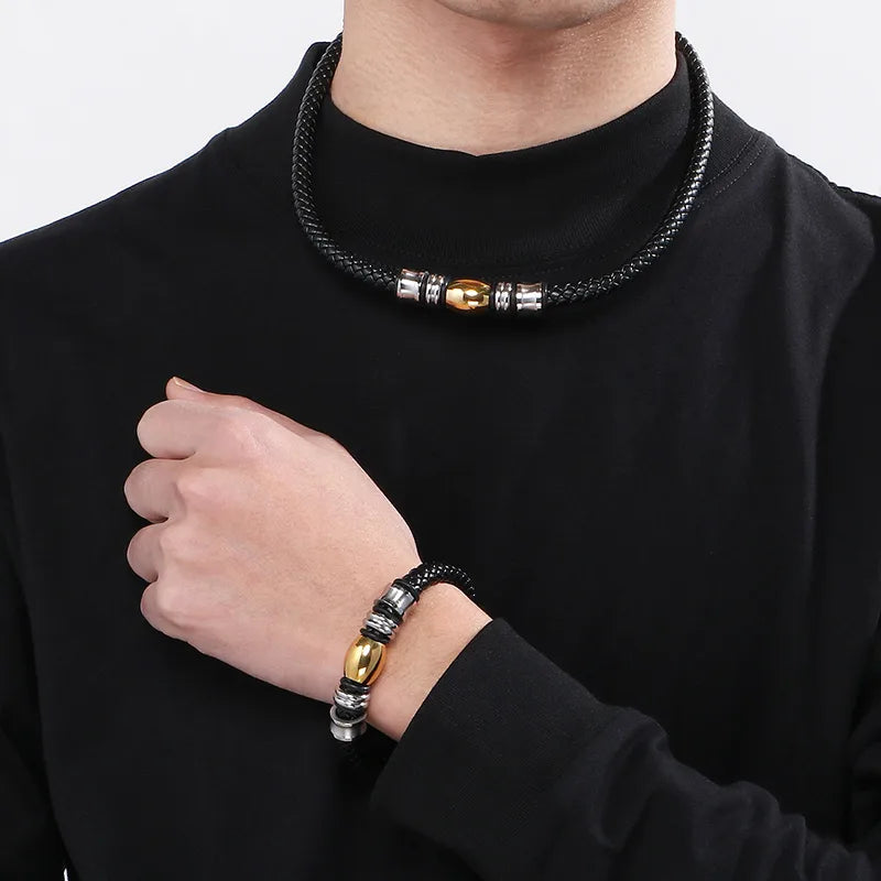 Men’s Geometric Leather Necklace and Bracelet Set - Bold Black PU with Metallic Beads