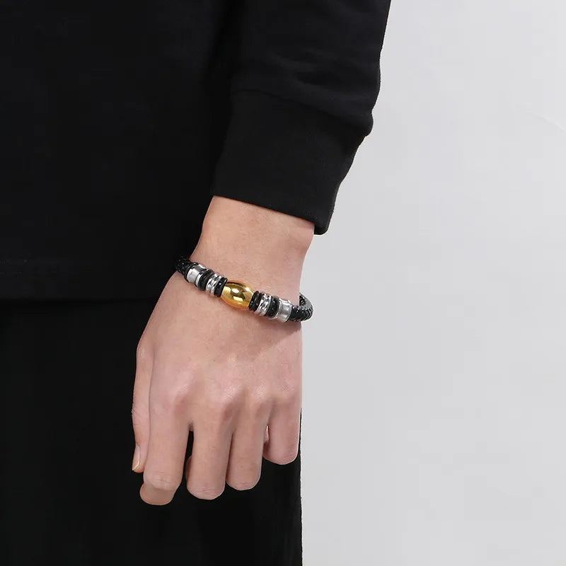 Men’s Geometric Leather Necklace and Bracelet Set - Bold Black PU with Metallic Beads