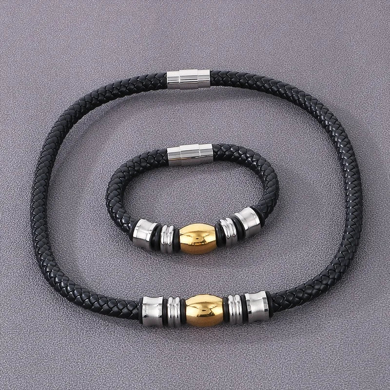 Men’s Geometric Leather Necklace and Bracelet Set - Bold Black PU with Metallic Beads