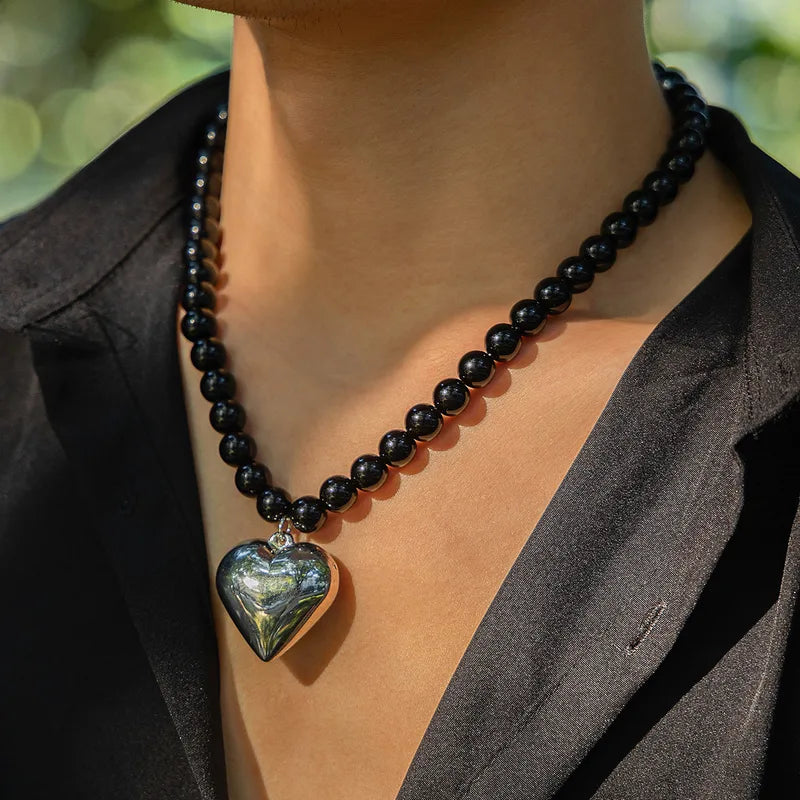 Bold Black Bead Necklace with Heart Pendant – Statement Jewelry for Men