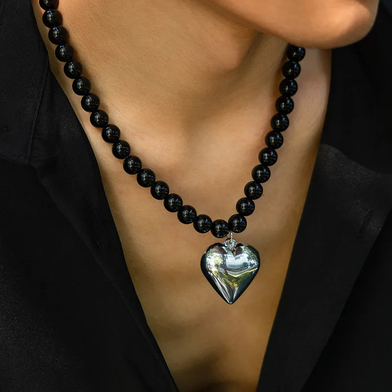 Bold Black Bead Necklace with Heart Pendant – Statement Jewelry for Men
