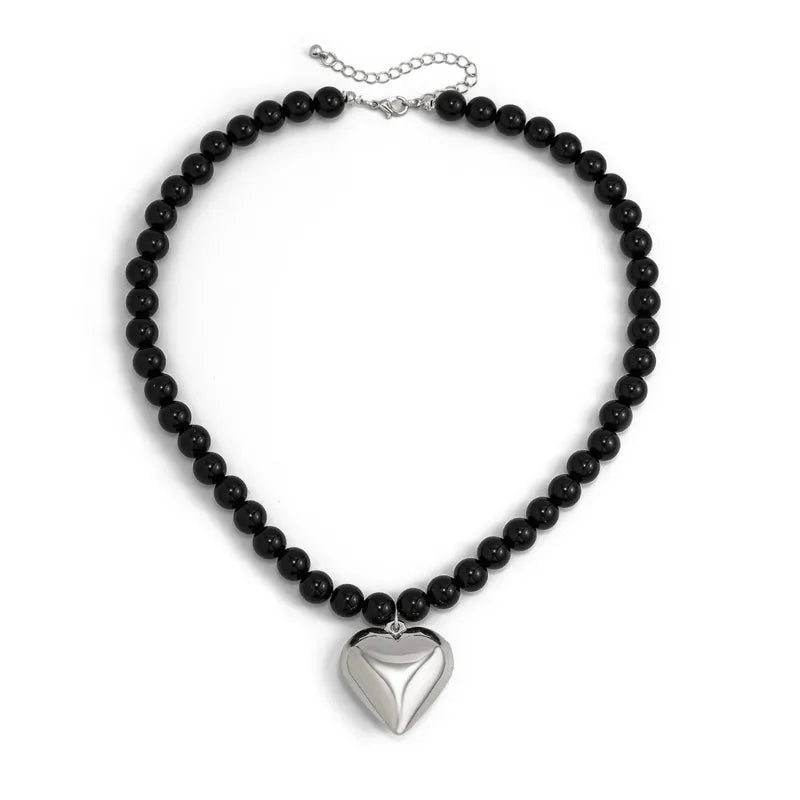 Bold Black Bead Necklace with Heart Pendant – Statement Jewelry for Men