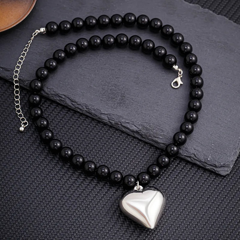 Bold Black Bead Necklace with Heart Pendant – Statement Jewelry for Men