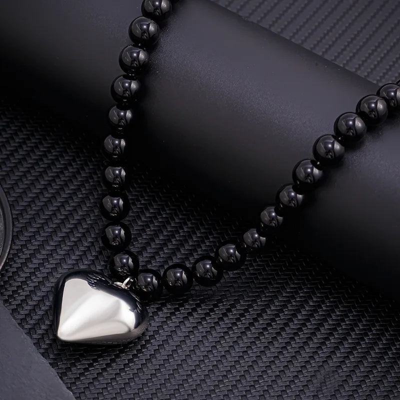 Bold Black Bead Necklace with Heart Pendant – Statement Jewelry for Men