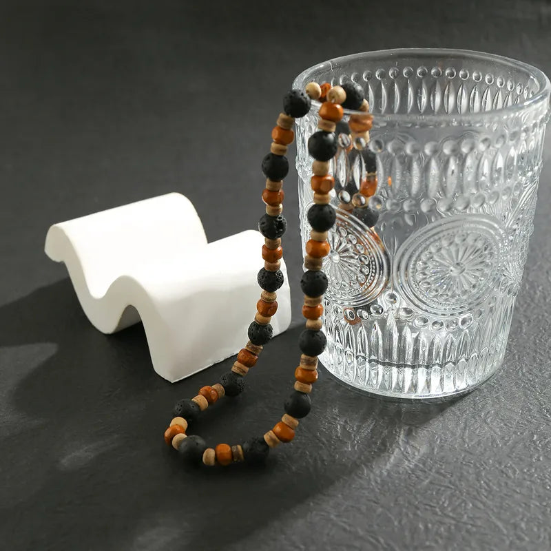 Lava Rock & Wood Beaded Necklace for Men – Boho Natural Style