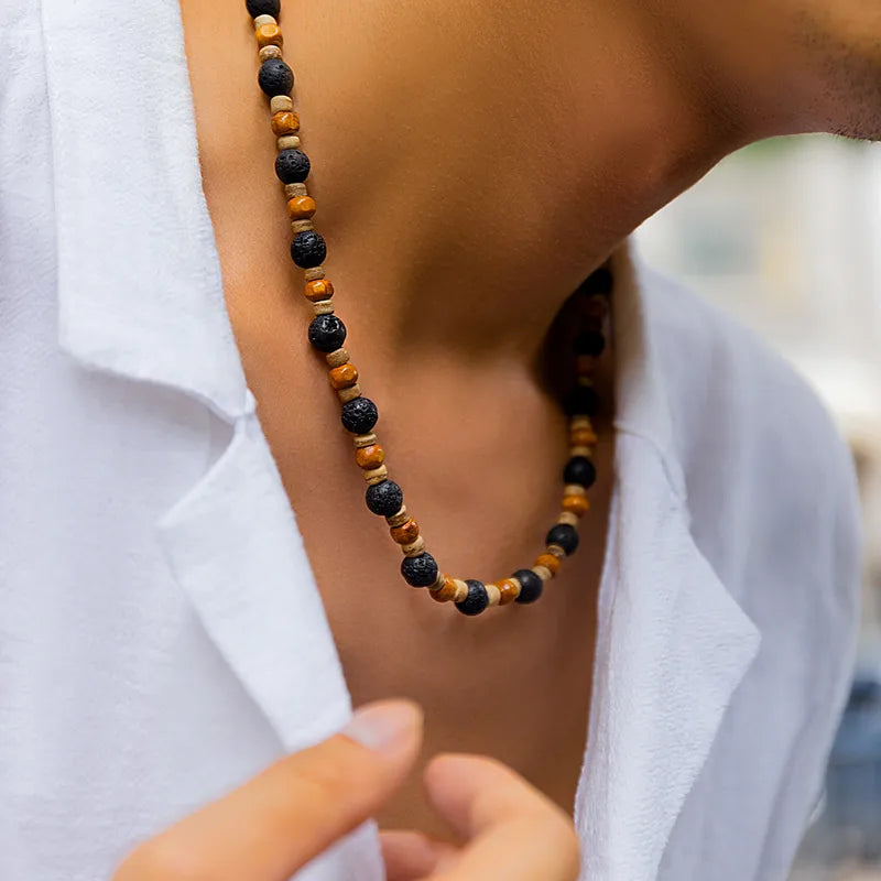 Lava Rock & Wood Beaded Necklace for Men – Boho Natural Style