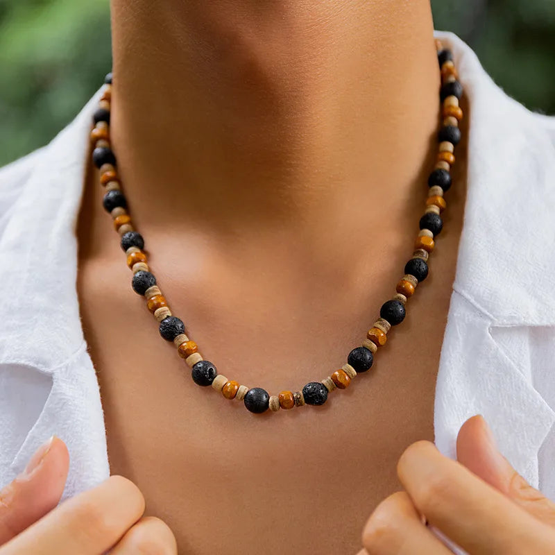 Lava Rock & Wood Beaded Necklace for Men – Boho Natural Style