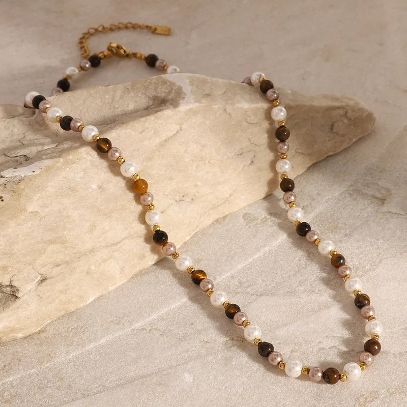 Elegant Pearl & Tiger Eye Beaded Necklace for Men – Stainless Steel, Waterproof