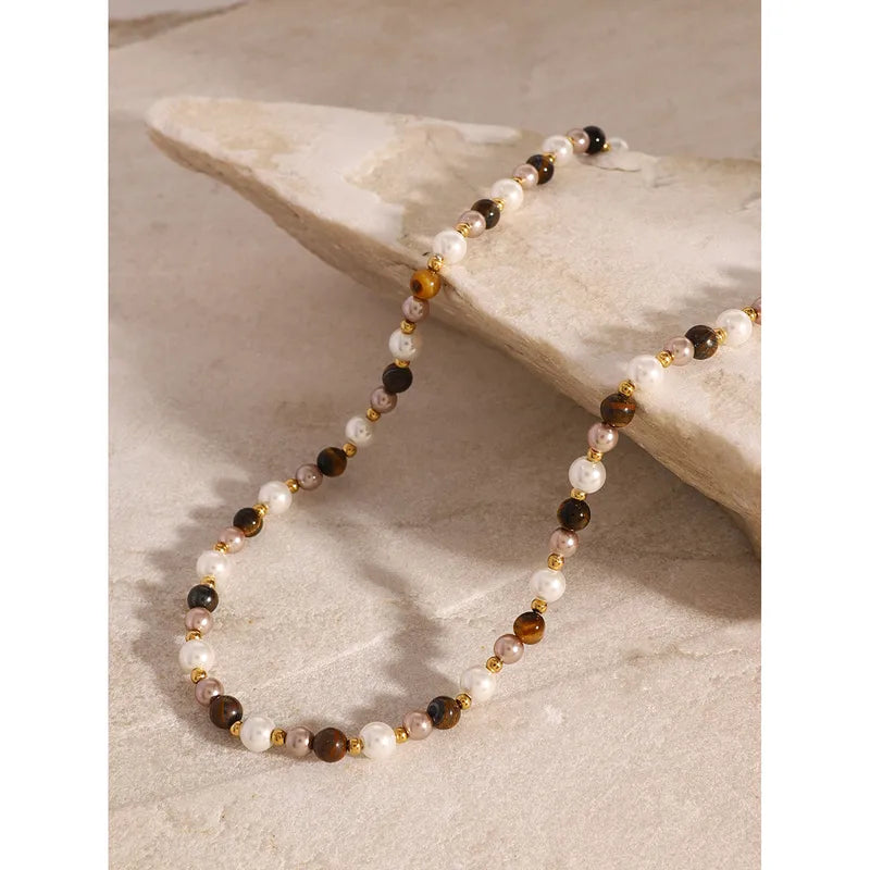 Elegant Pearl & Tiger Eye Beaded Necklace for Men – Stainless Steel, Waterproof