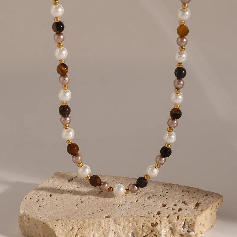 Elegant Pearl & Tiger Eye Beaded Necklace for Men – Stainless Steel, Waterproof