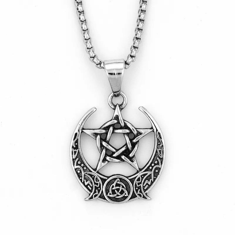 Men's Vintage Celtic Knot & Pentagram Moon Pendant Necklace | Hip-Hop Streetwear (60cm)