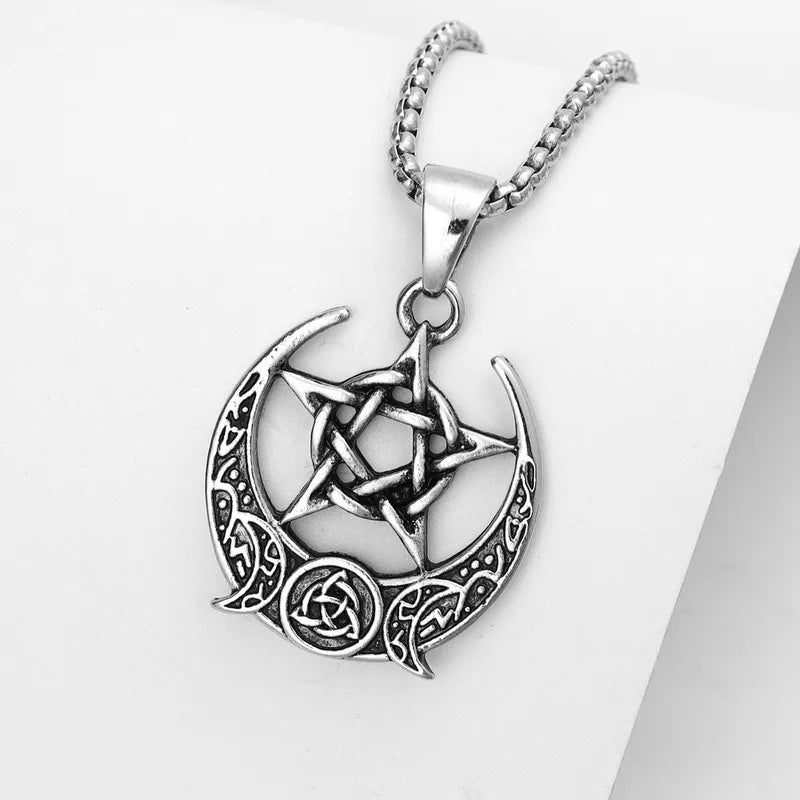 Men's Vintage Celtic Knot & Pentagram Moon Pendant Necklace | Hip-Hop Streetwear (60cm)