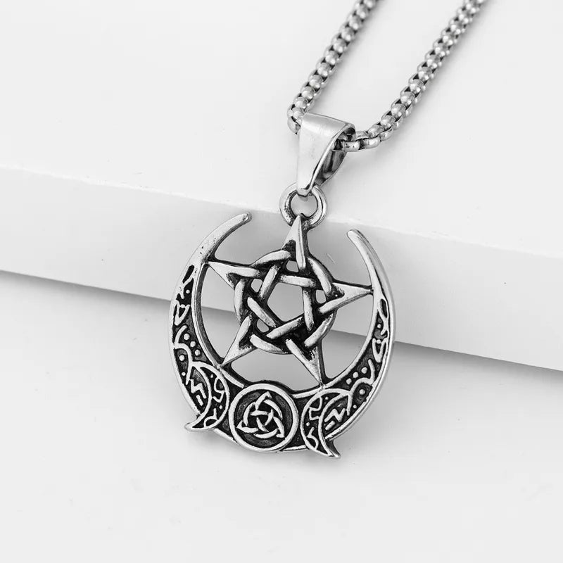 Men's Vintage Celtic Knot & Pentagram Moon Pendant Necklace | Hip-Hop Streetwear (60cm)