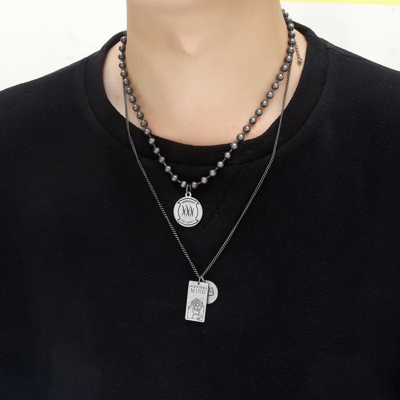 Men’s Layered Stainless Steel Pendant Necklace Set – Retro Statement with Beads & Tag Charms