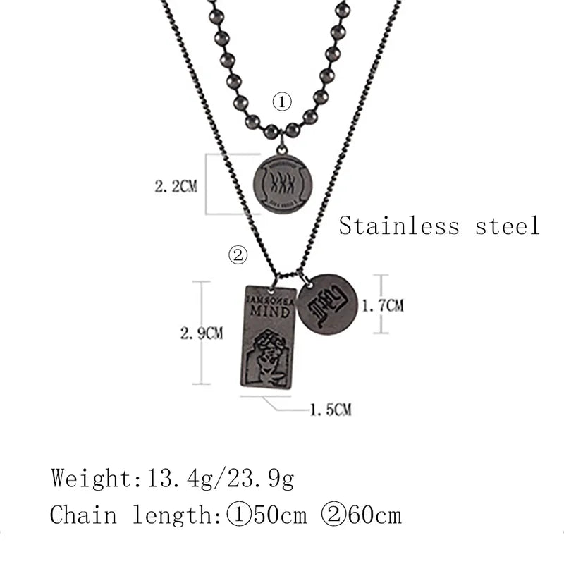 Men’s Layered Stainless Steel Pendant Necklace Set – Retro Statement with Beads & Tag Charms