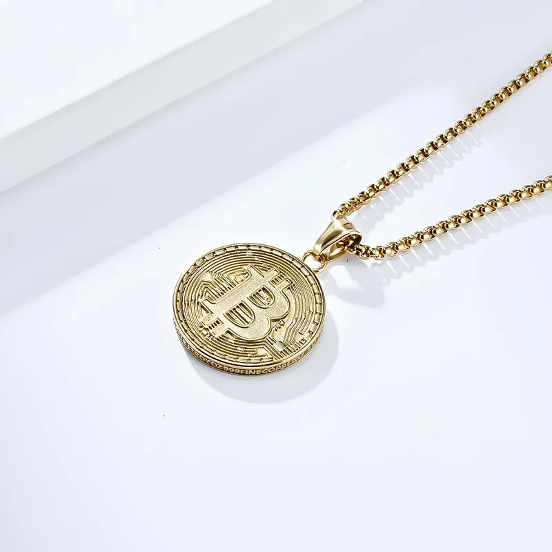 Bitcoin Golden Pendant Necklace for Men – 18K Gold Plated 304 Stainless Steel Coin Chain