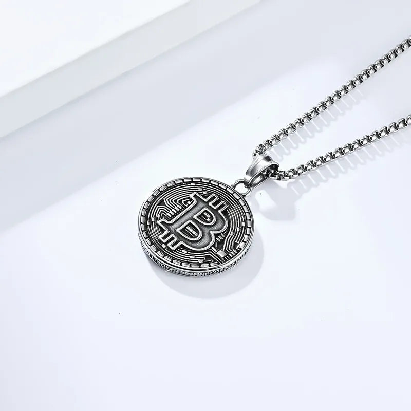 Men’s Bitcoin Pendant Necklace – 304 Stainless Steel Silver-Tone Crypto Coin Chain (30mm)