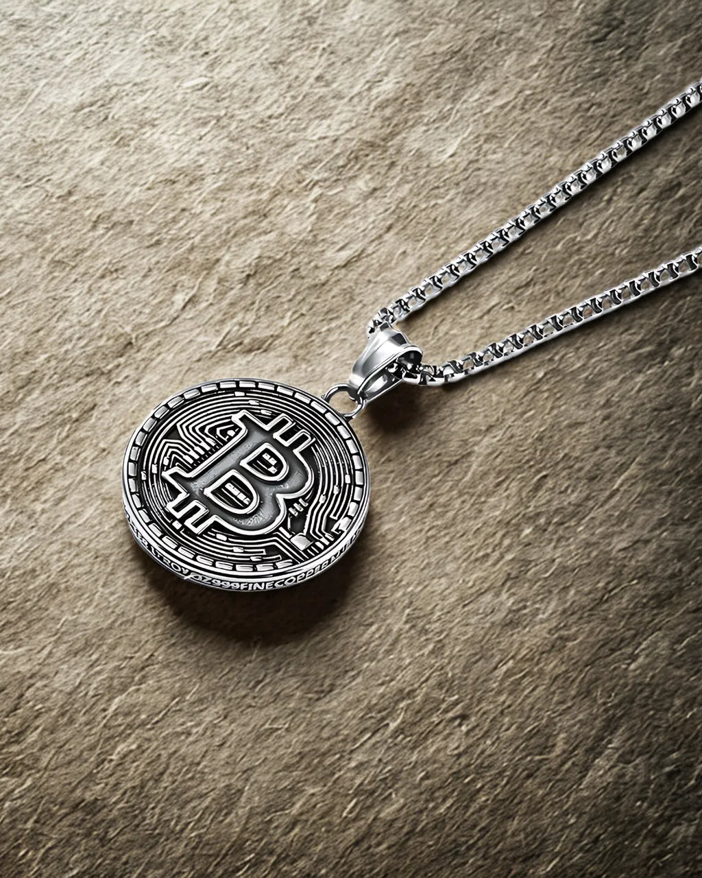 Men’s Bitcoin Pendant Necklace – 304 Stainless Steel Silver-Tone Crypto Coin Chain (30mm)