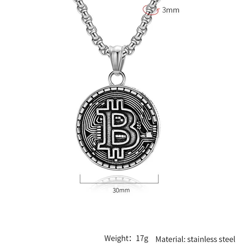 Men’s Bitcoin Pendant Necklace – 304 Stainless Steel Silver-Tone Crypto Coin Chain (30mm)