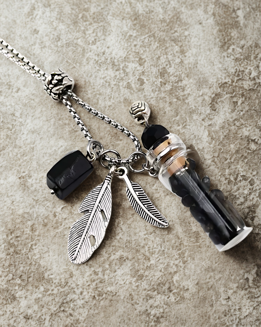 Wishing Bottle Pendant Necklace – 304 Stainless Steel Chain with Organic Glass & Feather Charms