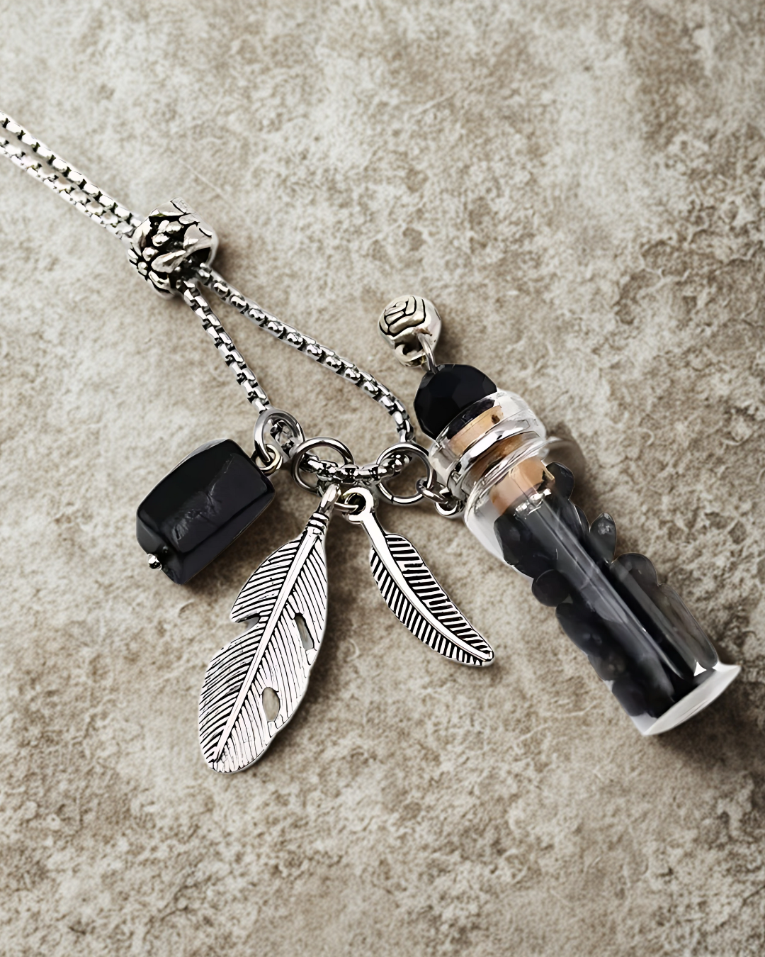 Wishing Bottle Pendant Necklace – 304 Stainless Steel Chain with Organic Glass & Feather Charms