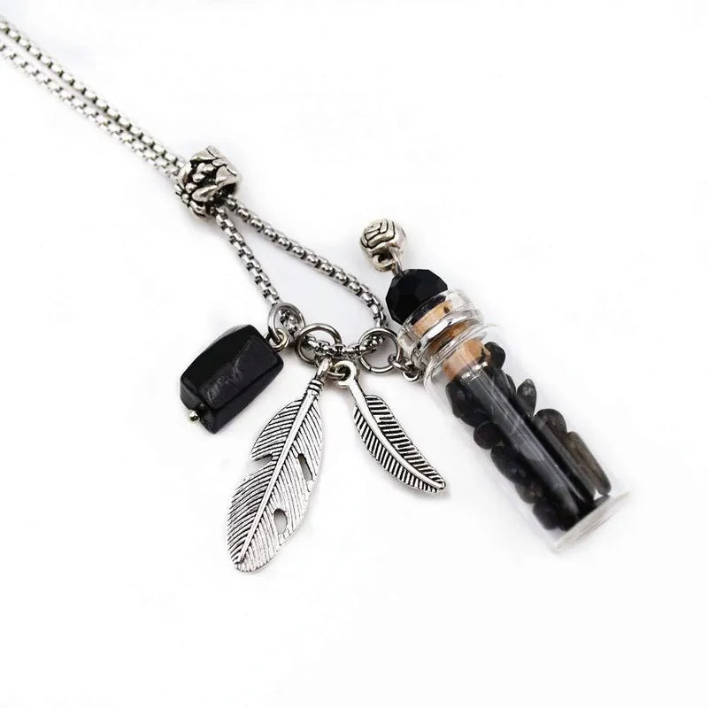 Wishing Bottle Pendant Necklace – 304 Stainless Steel Chain with Organic Glass & Feather Charms
