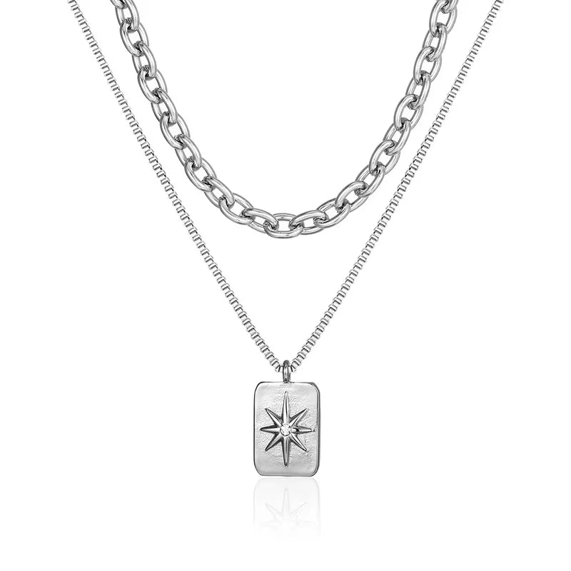 Silver Layered Star Pendant Necklace for Men – 304 Stainless Steel Dual Chain (55cm)