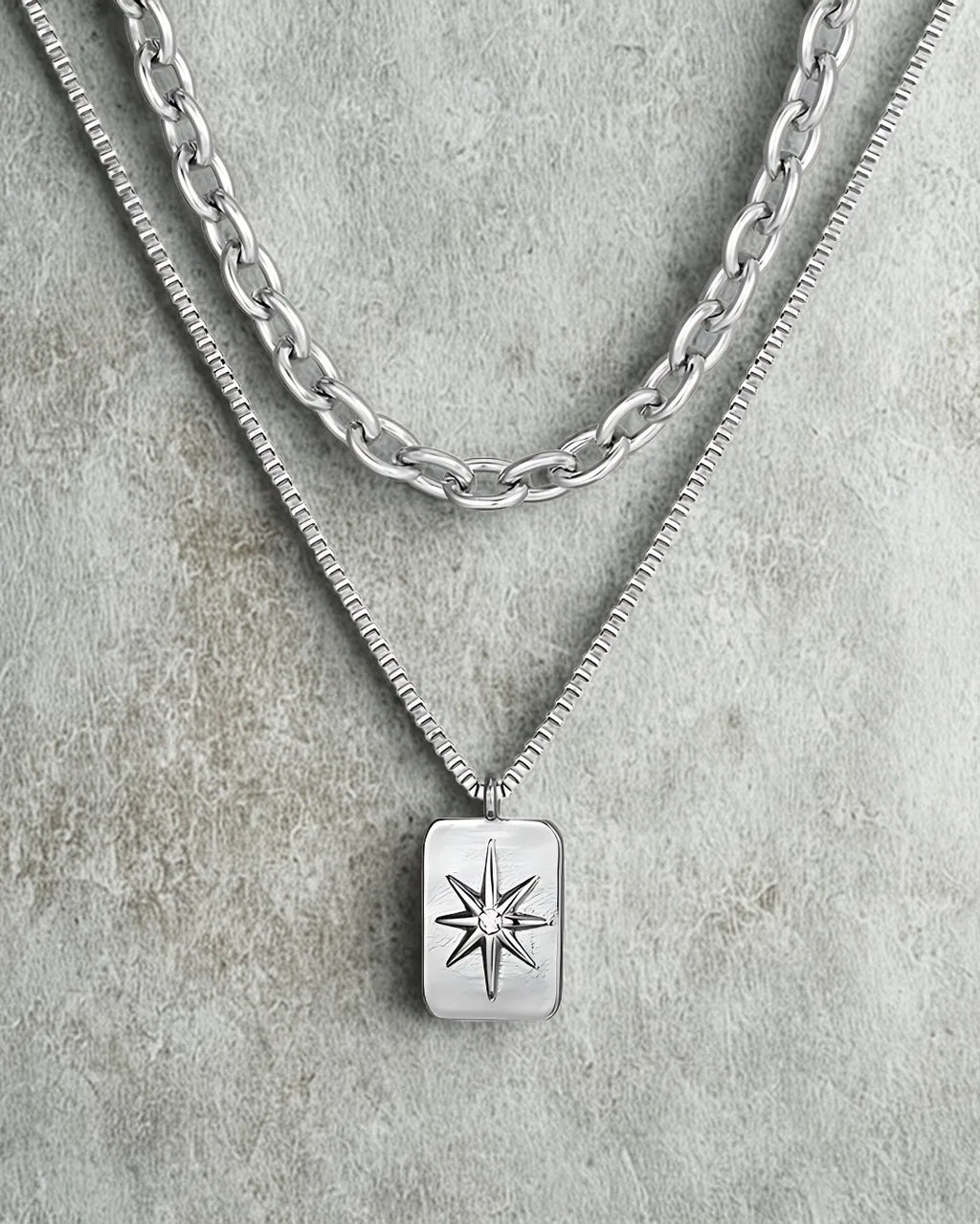 Silver Layered Star Pendant Necklace for Men – 304 Stainless Steel Dual Chain (55cm)