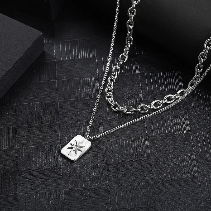 Silver Layered Star Pendant Necklace for Men – 304 Stainless Steel Dual Chain (55cm)
