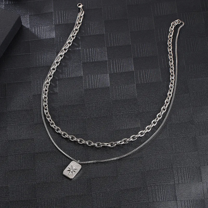 Silver Layered Star Pendant Necklace for Men – 304 Stainless Steel Dual Chain (55cm)