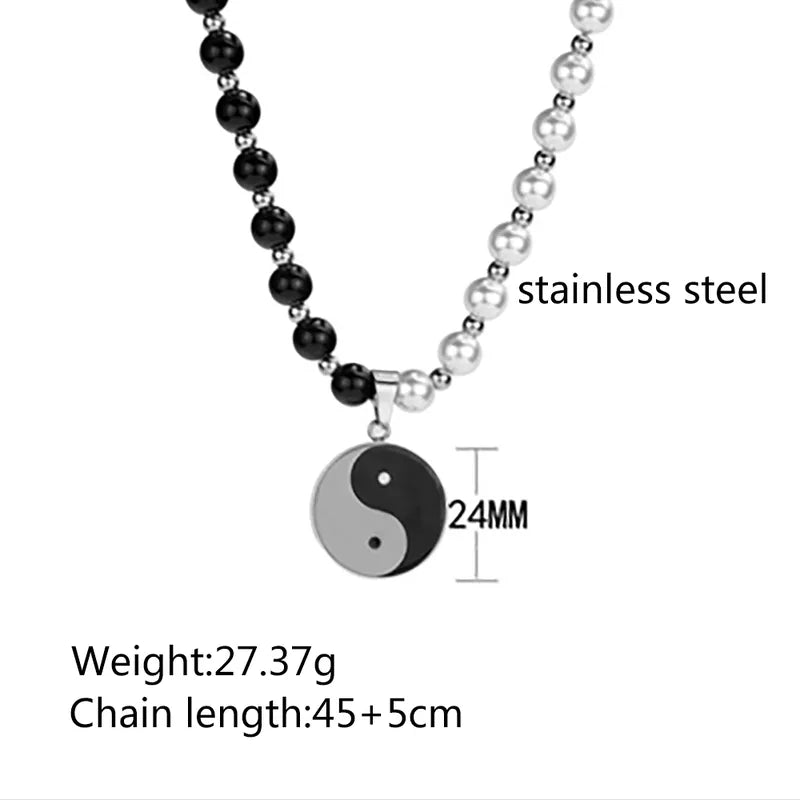 Yin-Yang Stainless Steel Black & Silver Beaded Pendant Necklace for Men