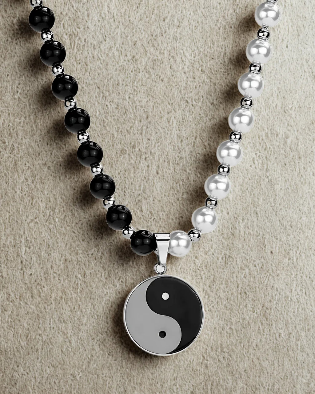 Yin-Yang Stainless Steel Black & Silver Beaded Pendant Necklace for Men