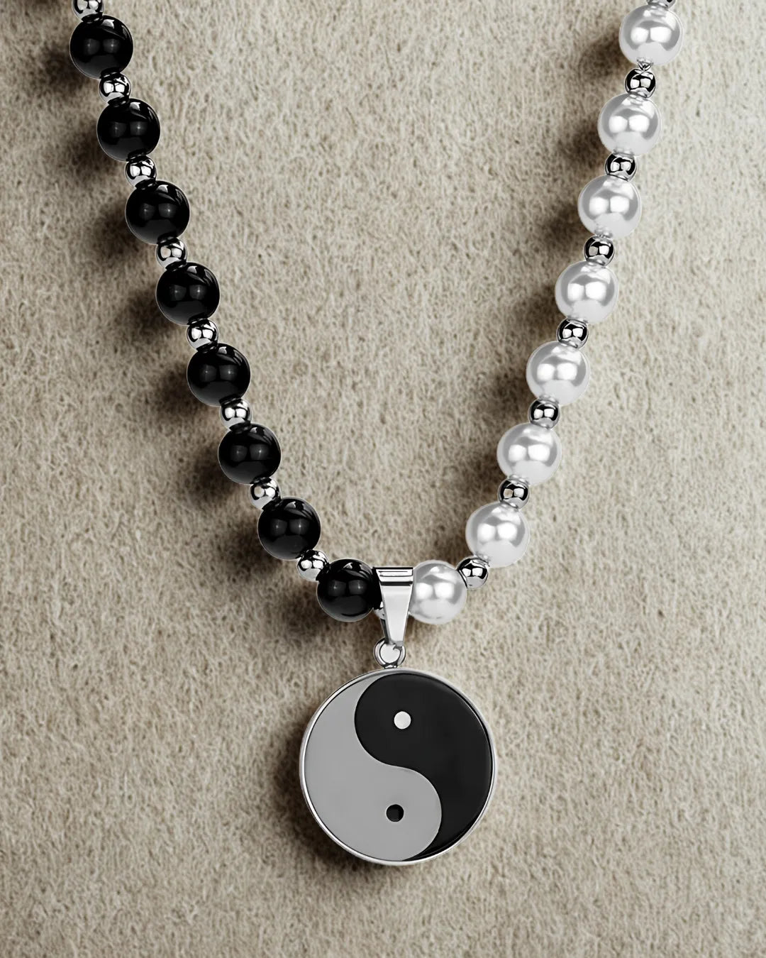 Yin-Yang Stainless Steel Black & Silver Beaded Pendant Necklace for Men