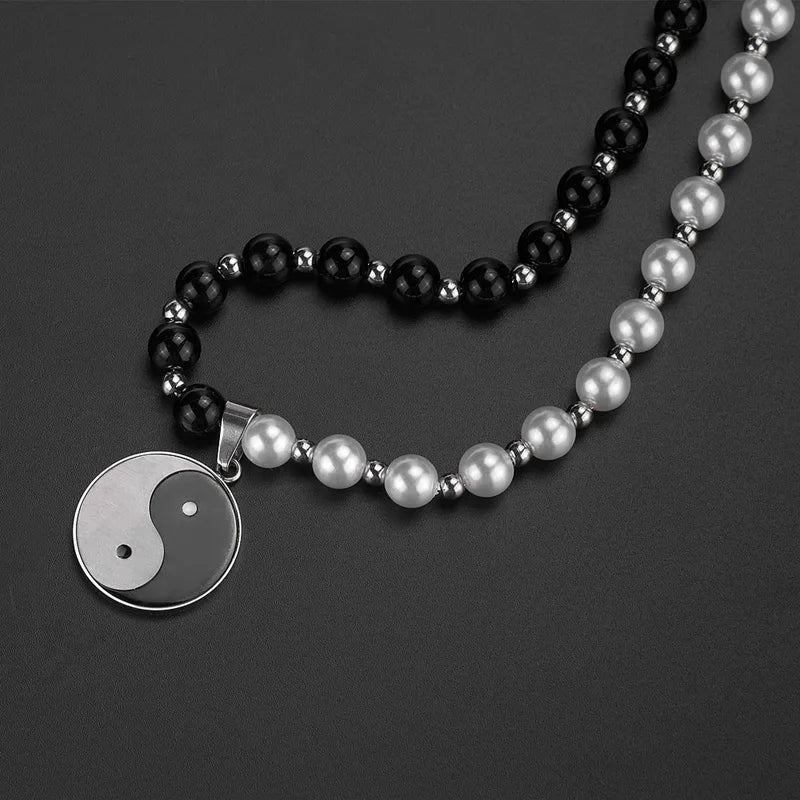 Yin-Yang Stainless Steel Black & Silver Beaded Pendant Necklace for Men