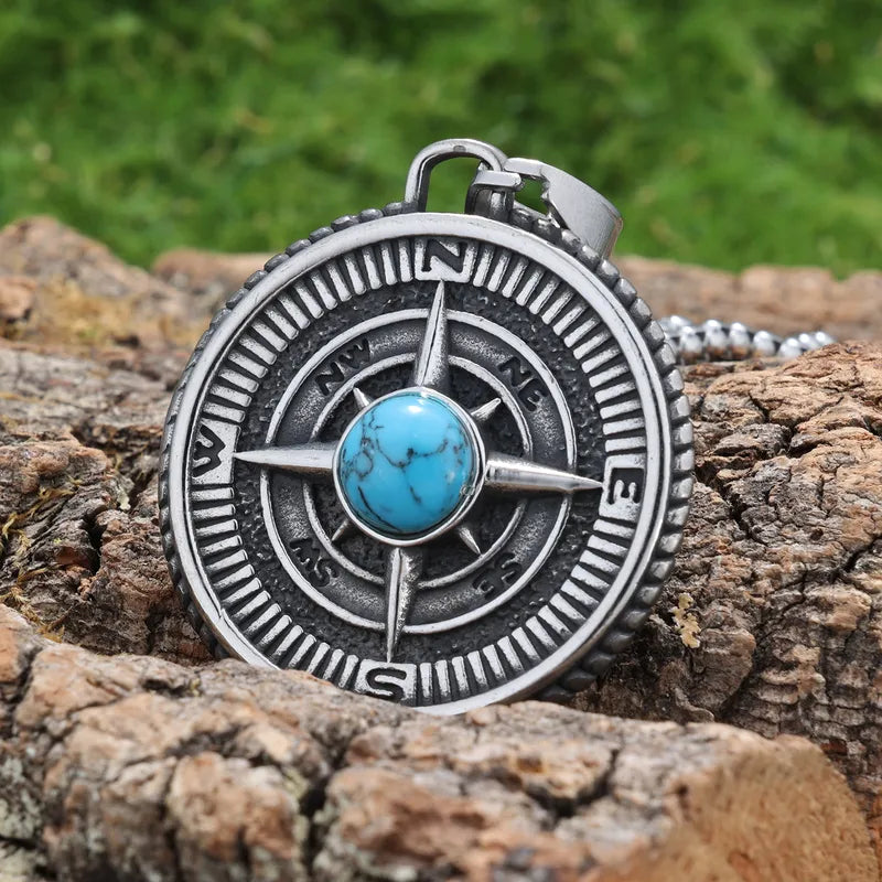 Nordic Compass Pendant Necklace with Turquoise Center – Stainless Steel, 60cm Chain