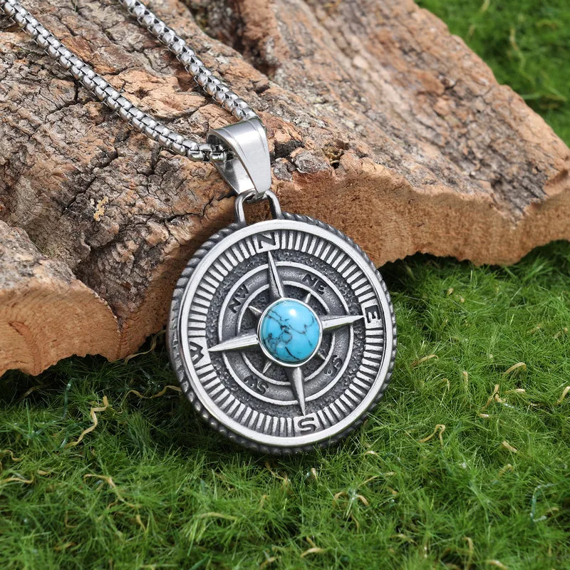 Nordic Compass Pendant Necklace with Turquoise Center – Stainless Steel, 60cm Chain