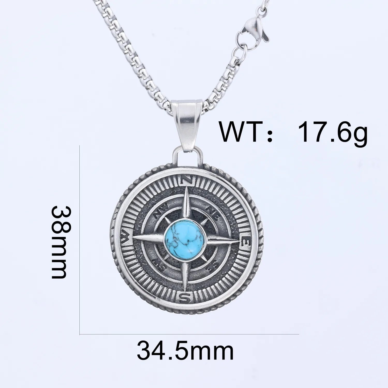 Nordic Compass Pendant Necklace with Turquoise Center – Stainless Steel, 60cm Chain