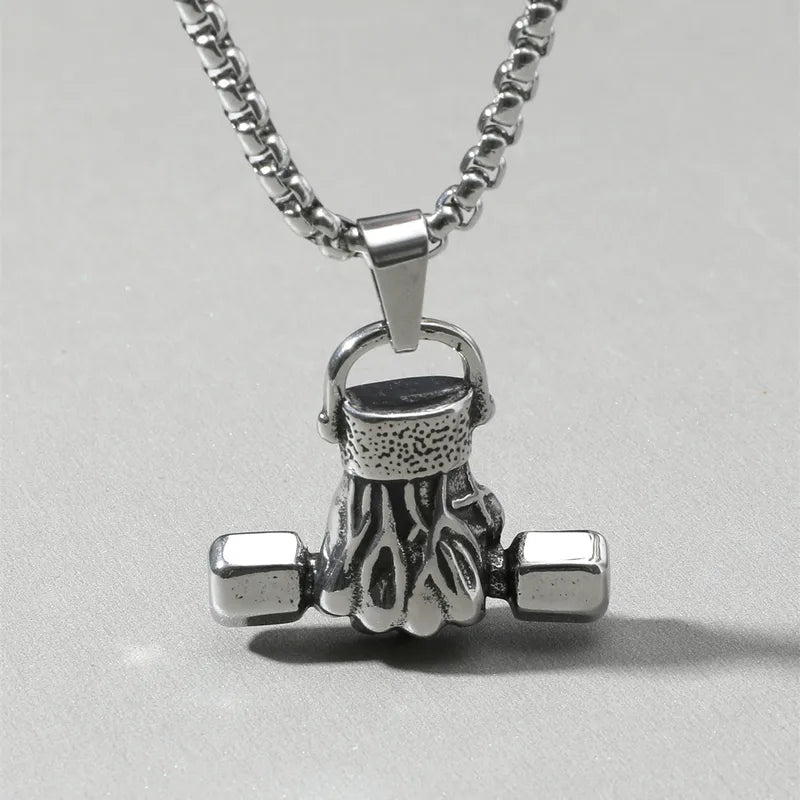 Titanium Steel Dumbbell Fist Pendant Necklace – Fitness Power Jewelry for Men