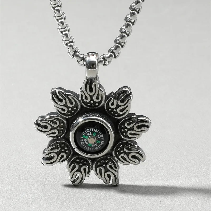 Flame Compass Pendant Necklace – Titanium Steel Chain for Men