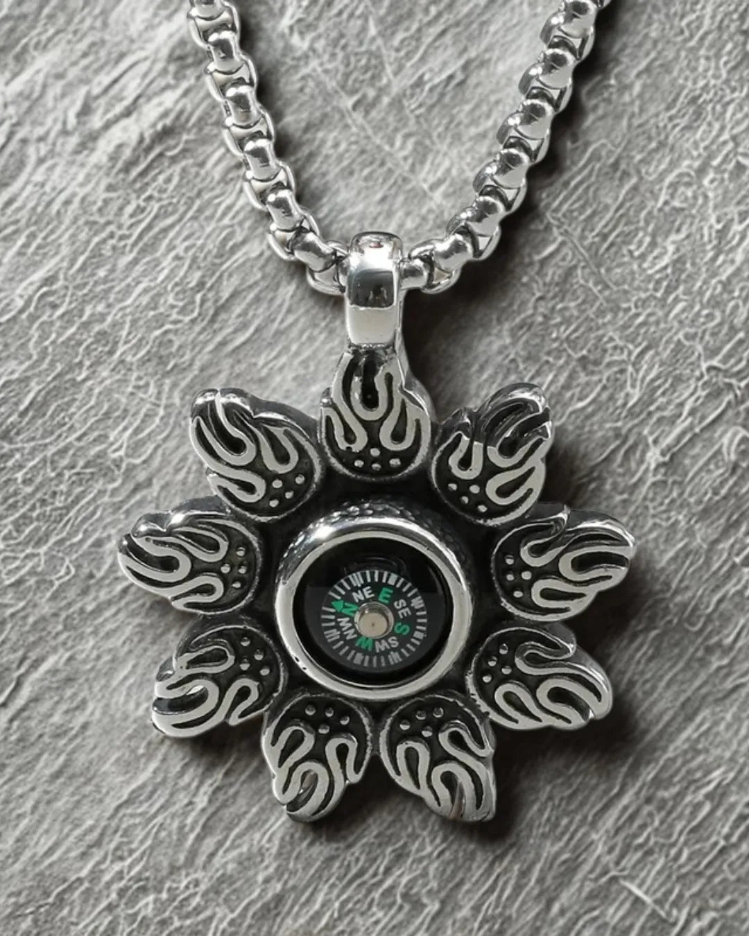 Flame Compass Pendant Necklace – Titanium Steel Chain for Men