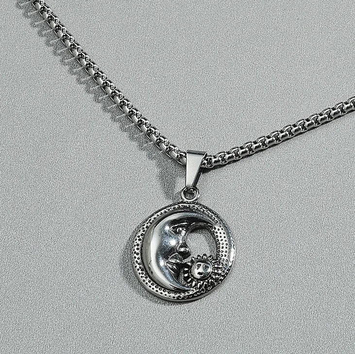 Sun and Moon Pendant Necklace – Titanium Steel Chain for Men