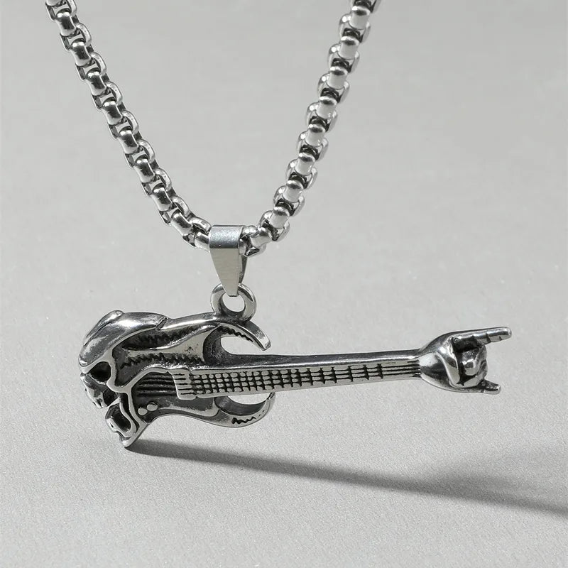 Rock Guitar Pendant Necklace – Titanium Steel Skull & Hand Sign Design for Men