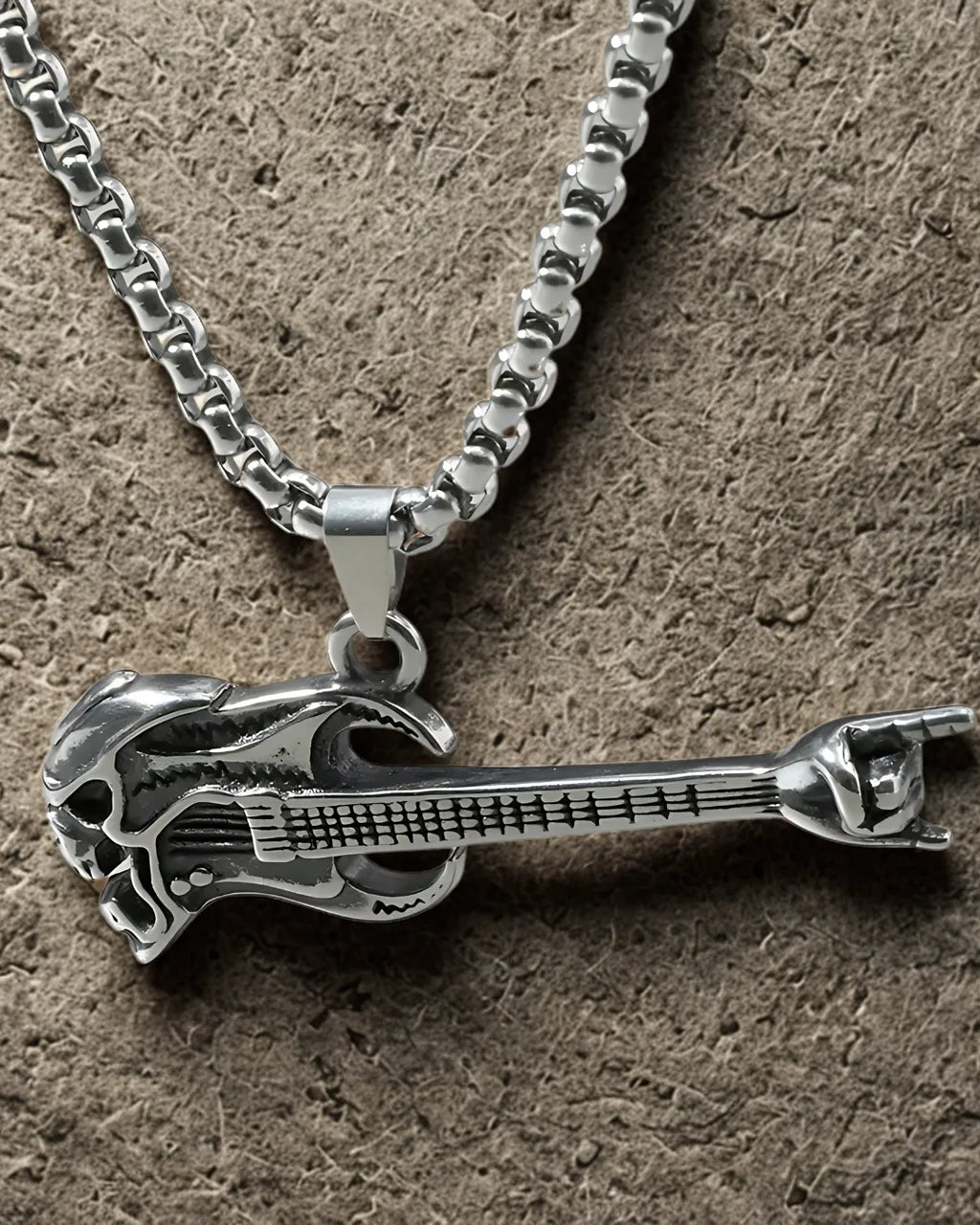 Rock Guitar Pendant Necklace – Titanium Steel Skull & Hand Sign Design for Men