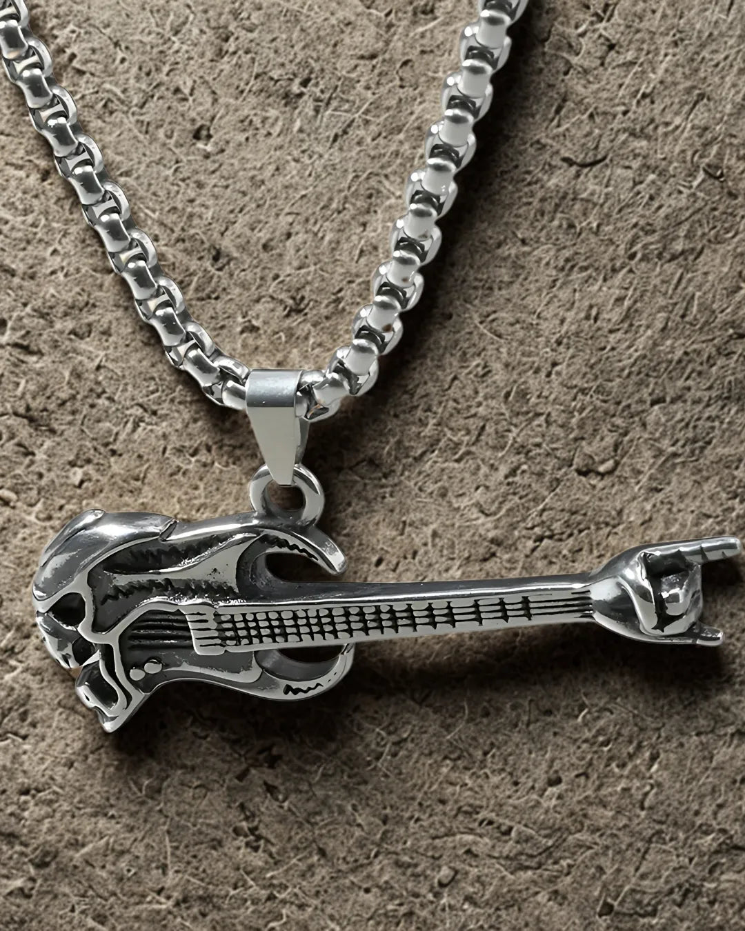 Rock Guitar Pendant Necklace – Titanium Steel Skull & Hand Sign Design for Men