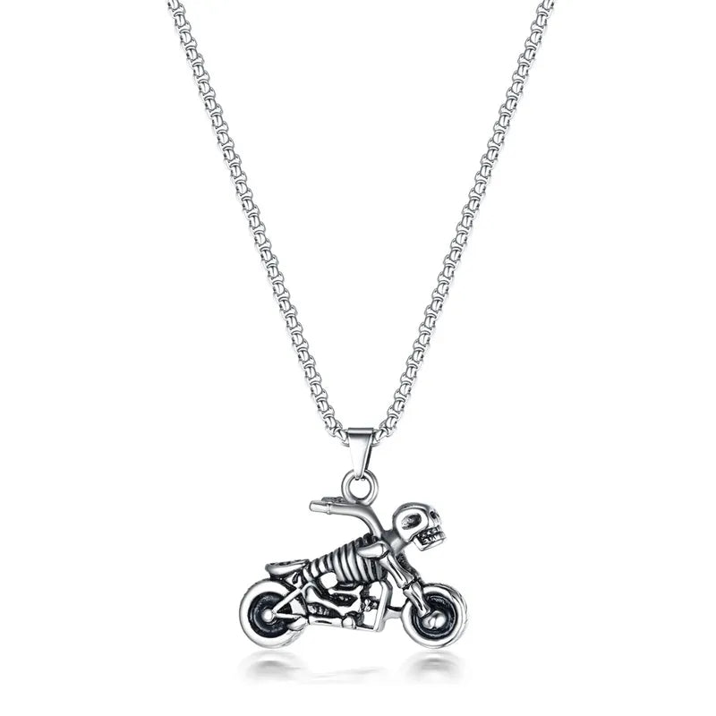 Skeleton Rider Pendant Necklace – Titanium Steel Biker Jewelry for Men