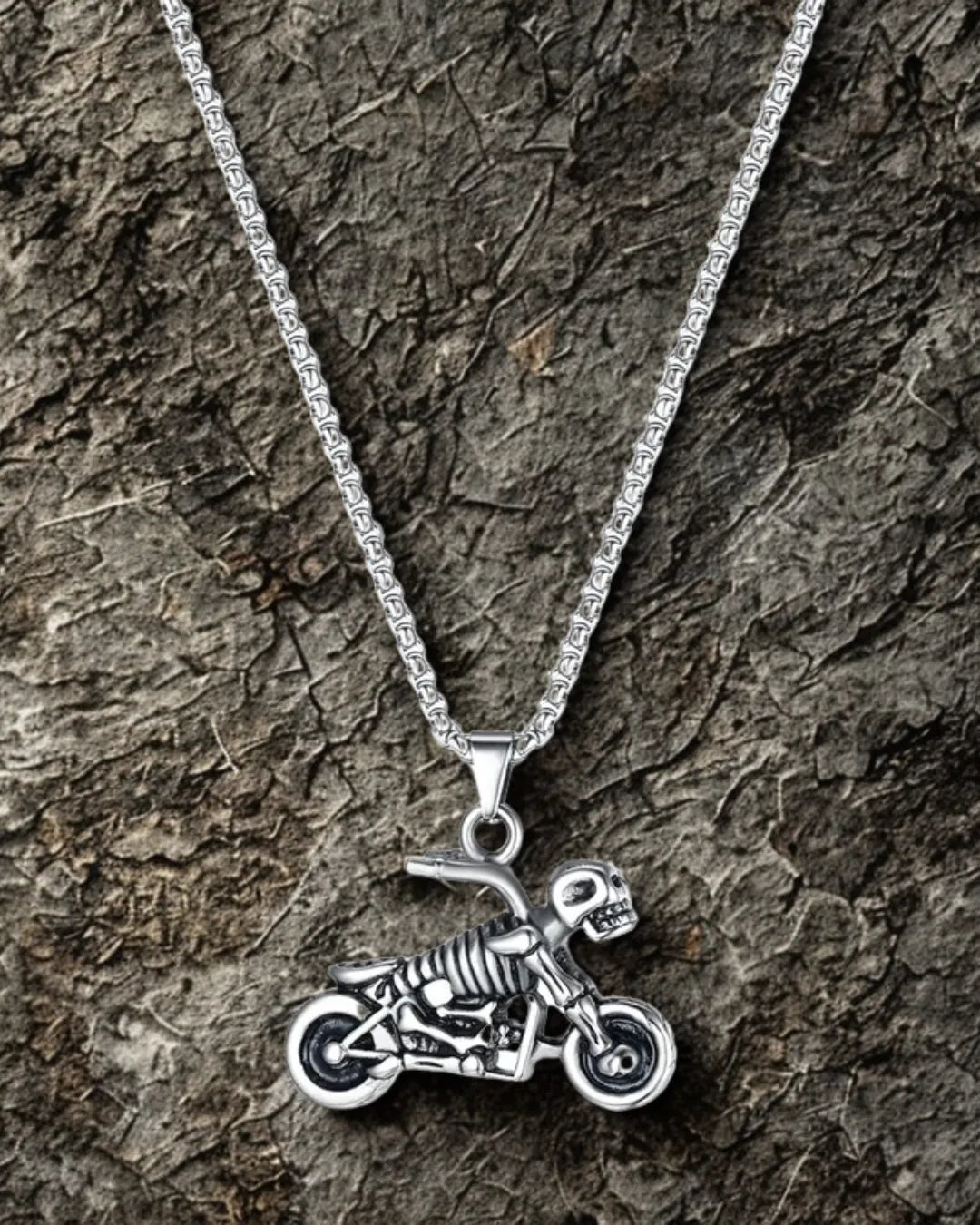 Skeleton Rider Pendant Necklace – Titanium Steel Biker Jewelry for Men