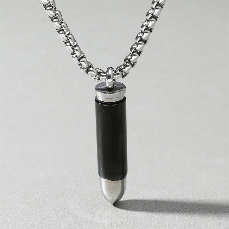Black Bullet Pendant Necklace for Men – Titanium Steel, 45–55cm Chain