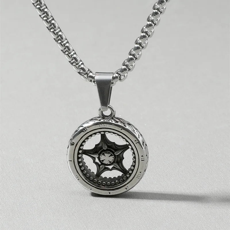 Titanium Steel Compass Pendant Necklace for Men – Vintage Wheel Design