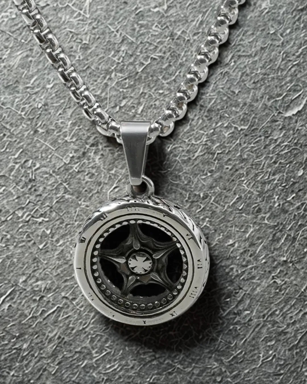 Titanium Steel Compass Pendant Necklace for Men – Vintage Wheel Design